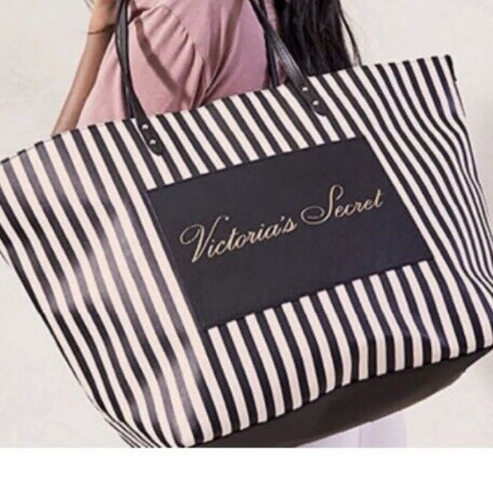 NWT Victoria’s Secret Extra Large Pink and Black Stripe Vinyl Tote